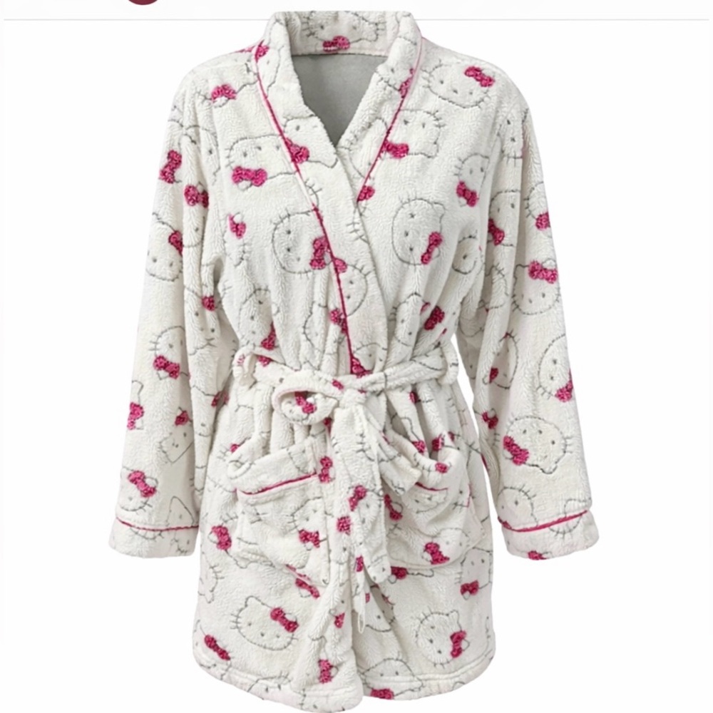 HELLO KITTY Plush Fleece Robe White Pink Size Large Sanrio Cozy Lounge Sleepwear